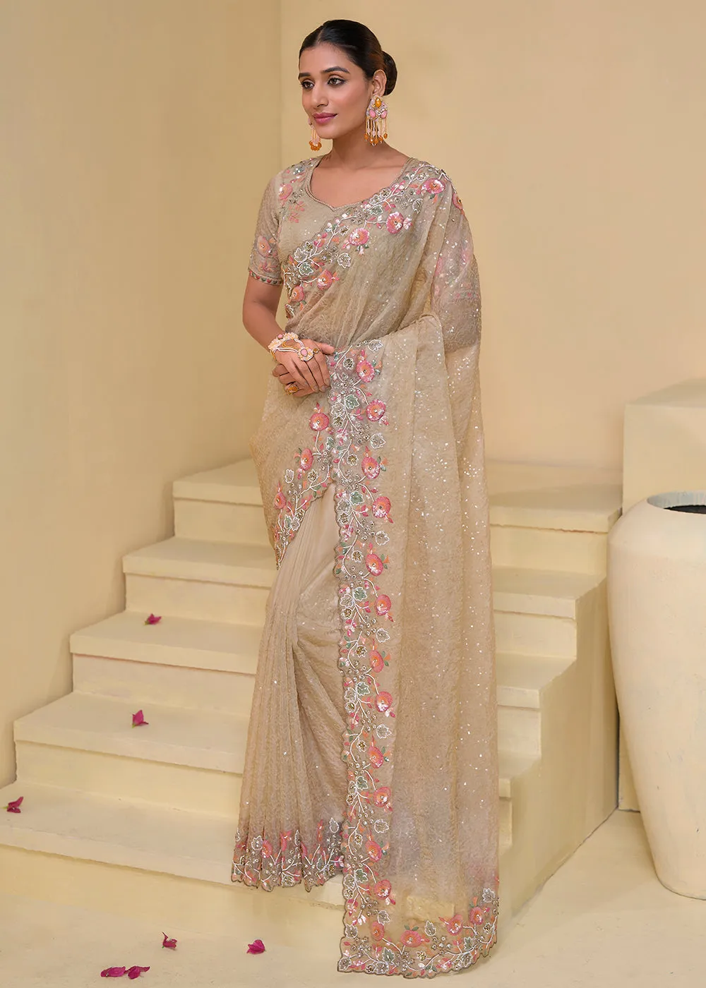 Beigy Cream Banarasi Silk Embroidered Designer Saree