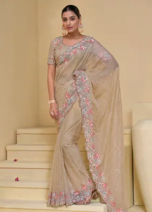 Beigy Cream Banarasi Silk Embroidered Designer Saree