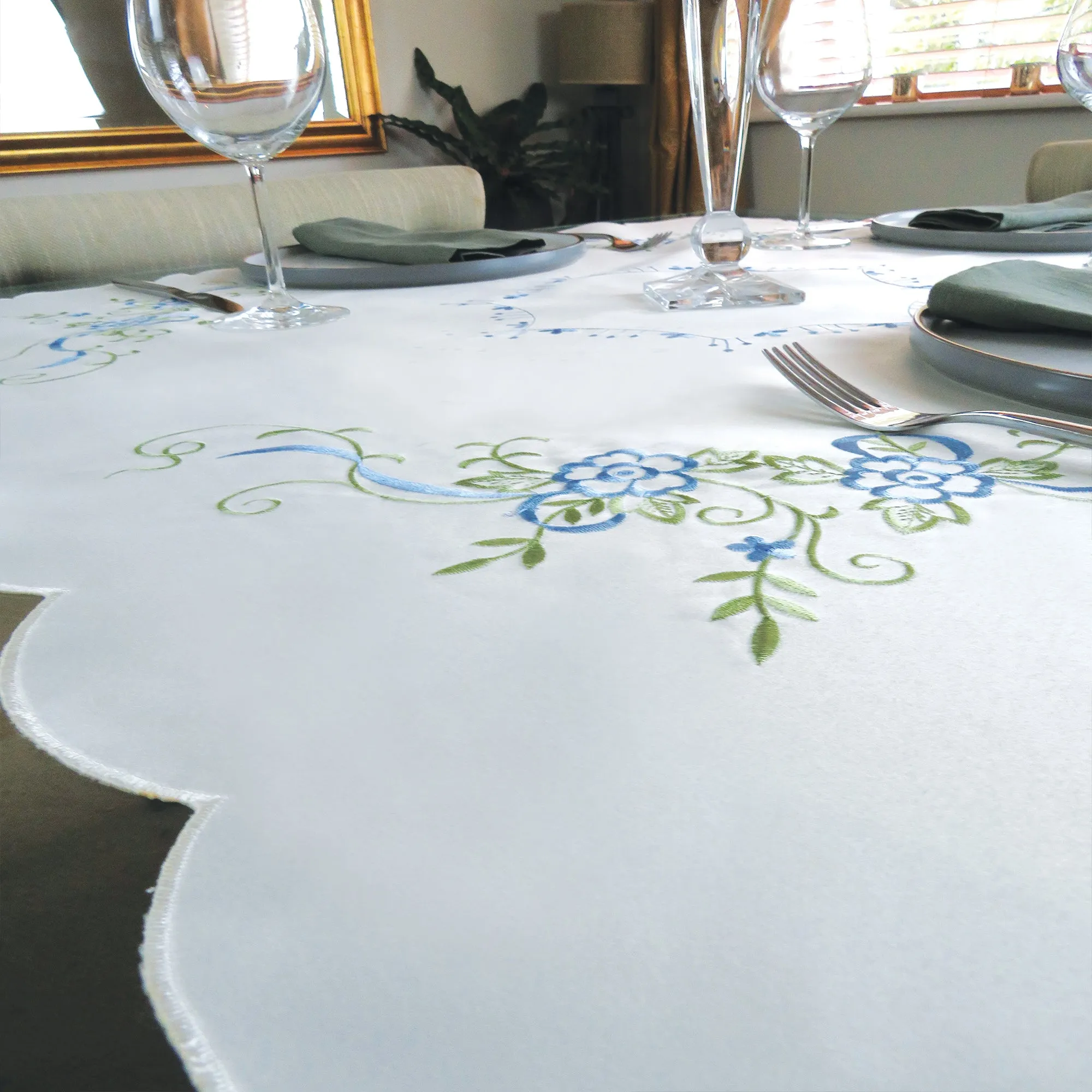 Blue Floral Embroidered Tablecloth Overlay