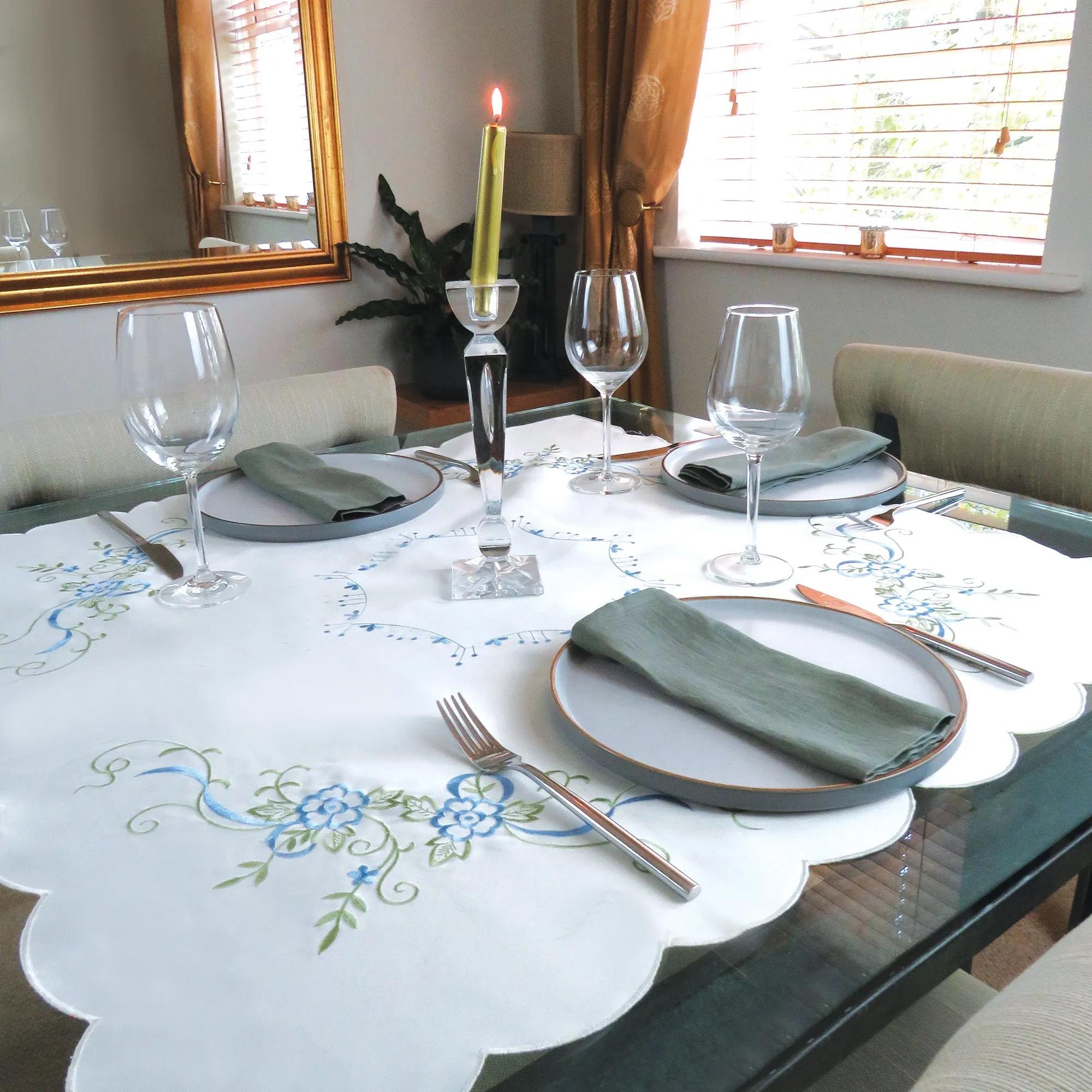 Blue Floral Embroidered Tablecloth Overlay