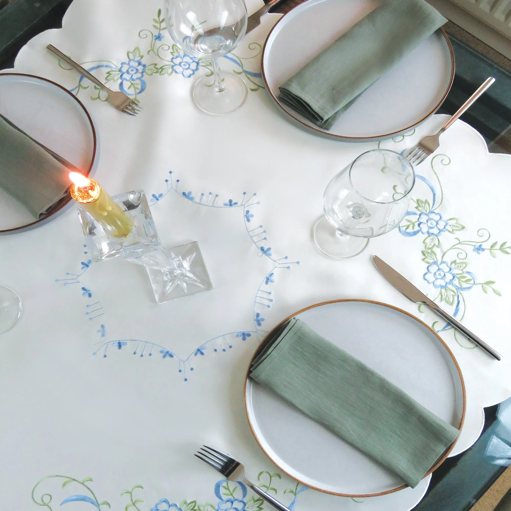 Blue Floral Embroidered Tablecloth Overlay