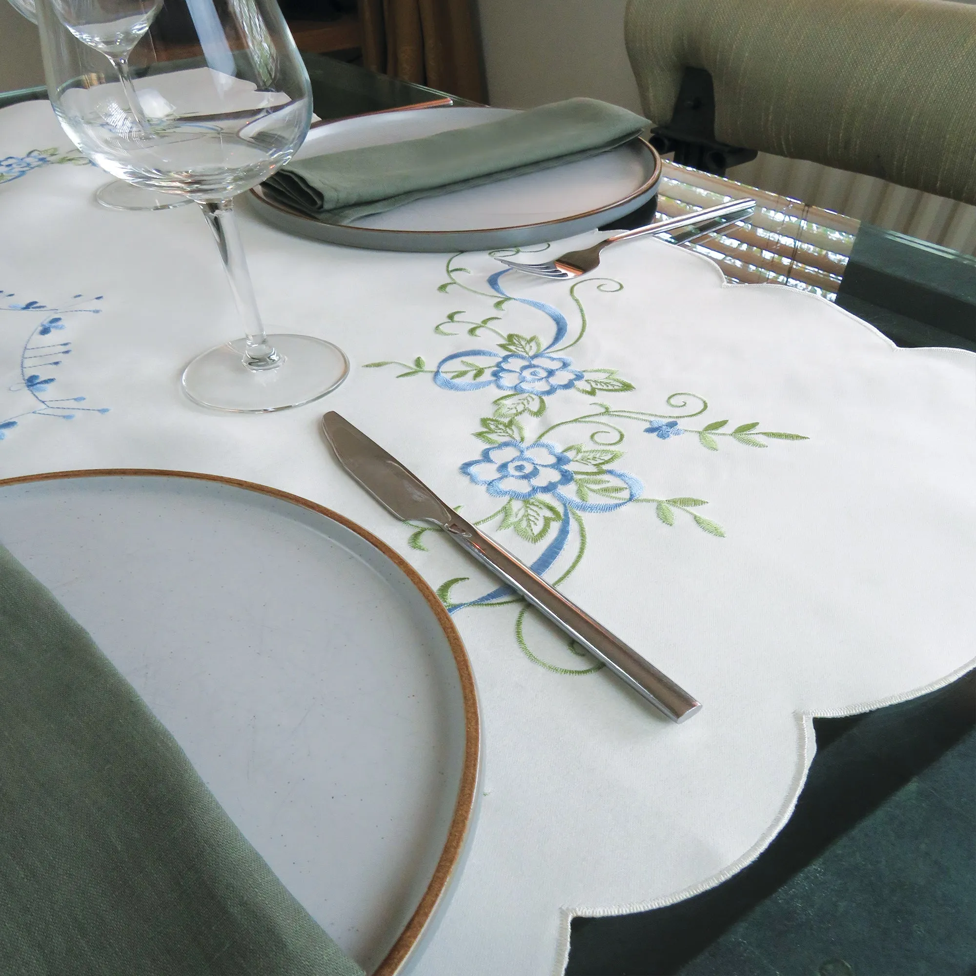 Blue Floral Embroidered Tablecloth Overlay