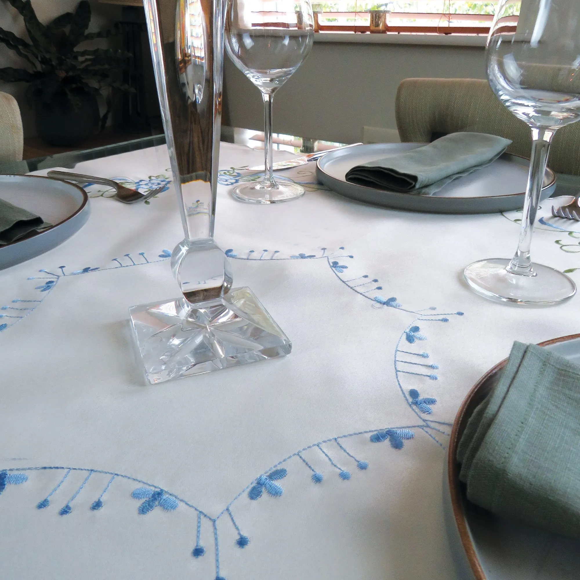 Blue Floral Embroidered Tablecloth Overlay