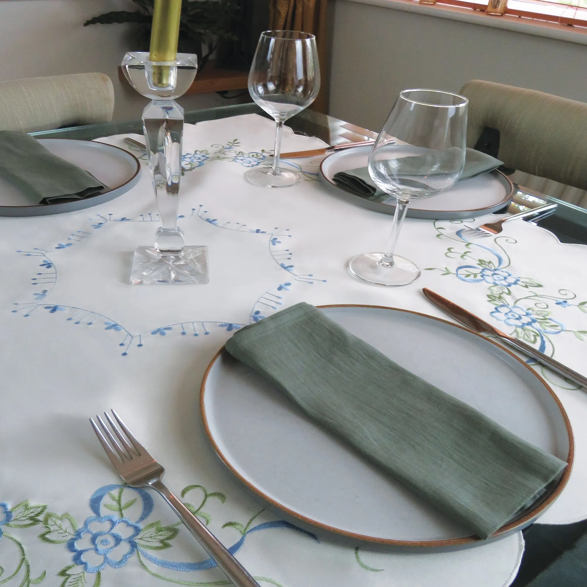 Blue Floral Embroidered Tablecloth Overlay