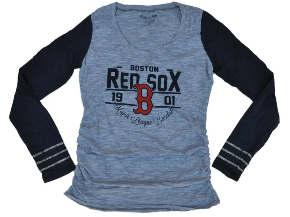 Boston Red Sox SAAG Women Maternity Gray Navy Tri-Blend Long Sleeve T-Shirt