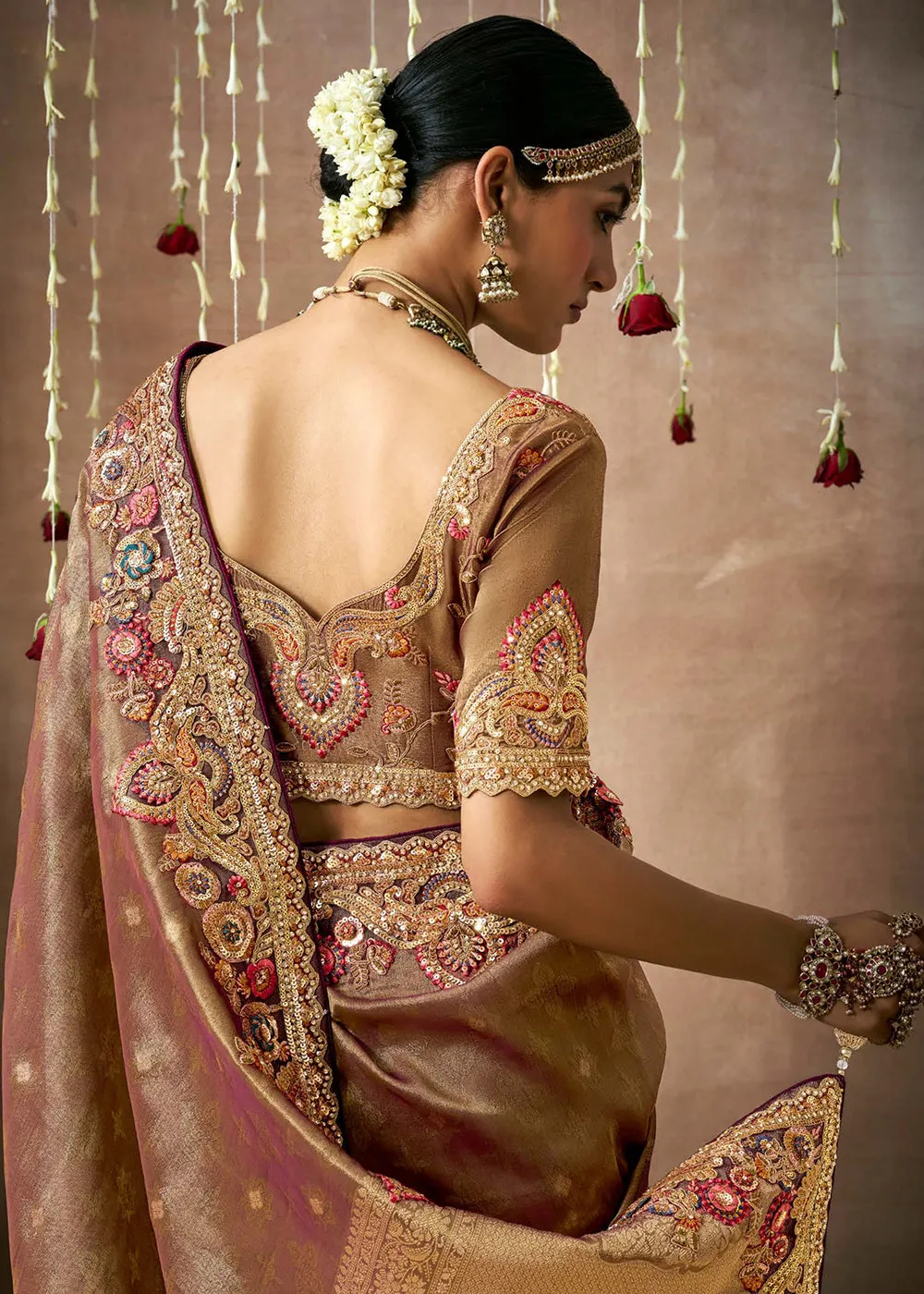 Brown Embroidered Silk Wedding Wear Saree