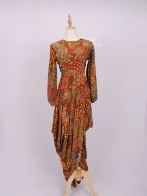 Brown Long Kurti Top Adorned with Flower Design Prints