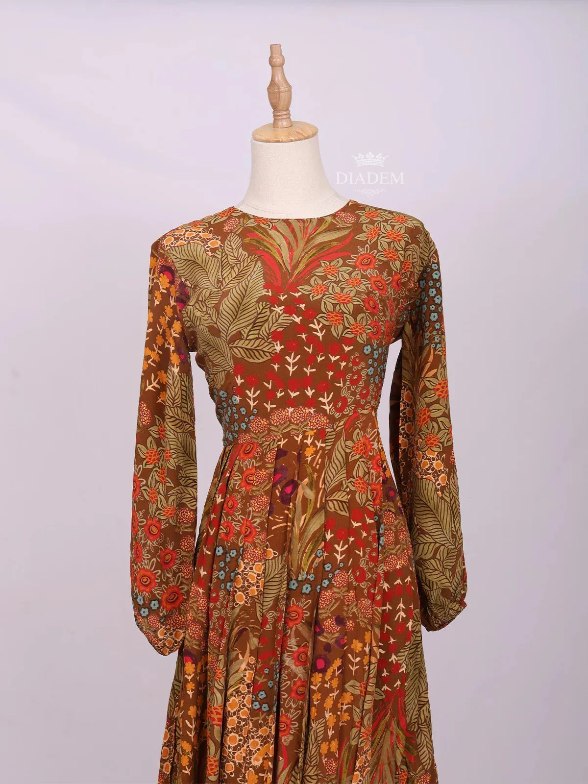 Brown Long Kurti Top Adorned with Flower Design Prints