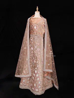 Brown Semi Stitched Lehenga Adorned with Sequins and Beads Floral Design With Dupatta