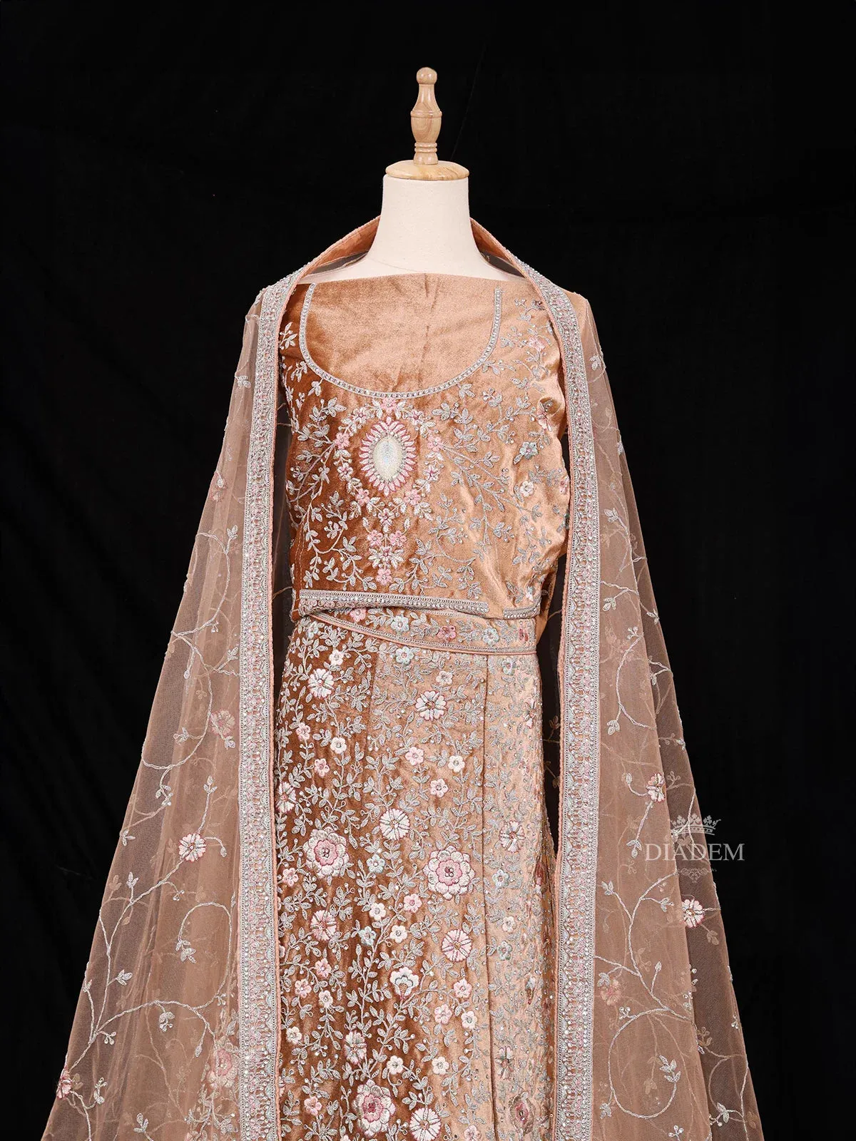 Brown Semi Stitched Lehenga Adorned with Sequins and Beads Floral Design With Dupatta