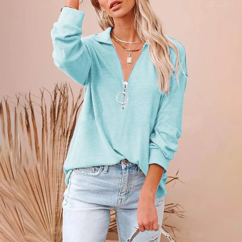 Casual solid color loose zipper V-neck long-sleeved large size loose threaded T-shirt