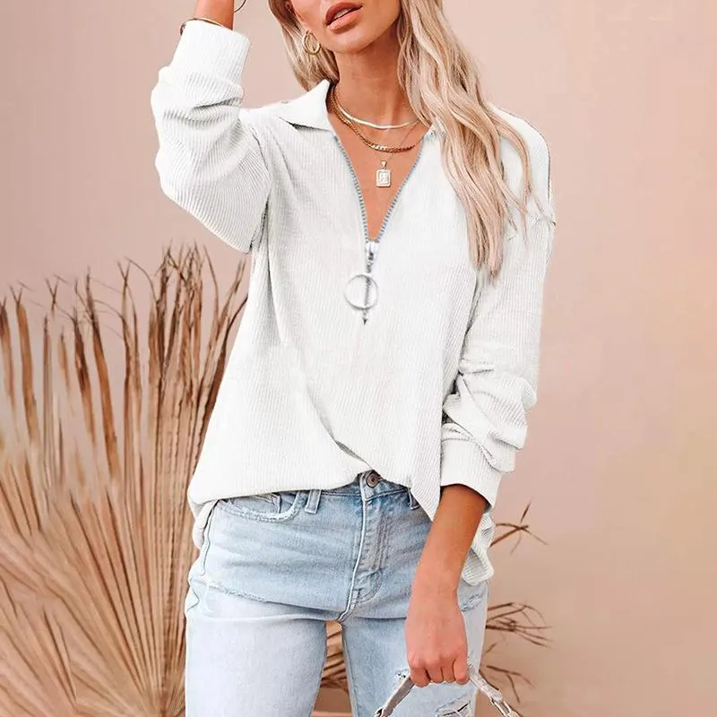 Casual solid color loose zipper V-neck long-sleeved large size loose threaded T-shirt