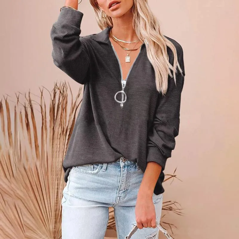 Casual solid color loose zipper V-neck long-sleeved large size loose threaded T-shirt