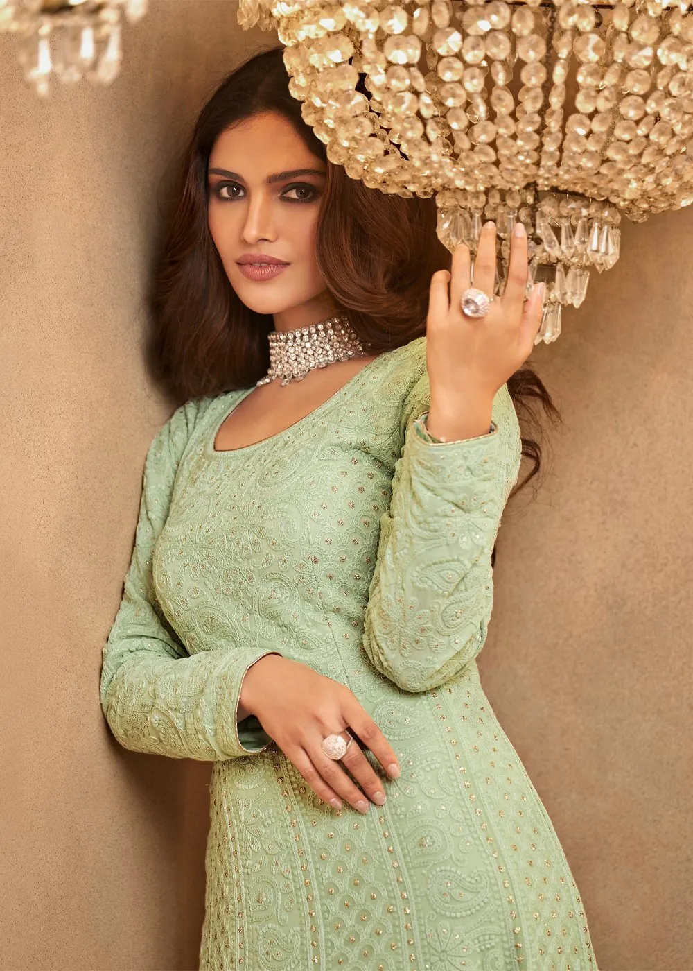 Celadon Green Lucknowi Style Georgette Anarkali Suit