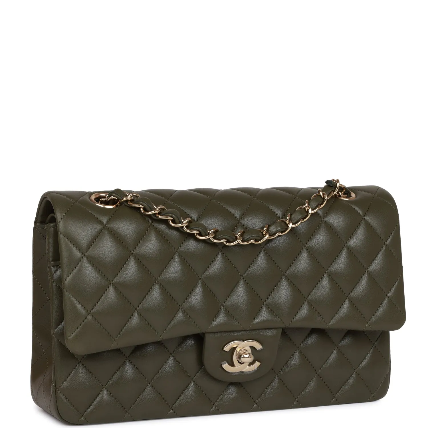 Chanel Medium Classic Double Flap Bag Olive Calfskin Light Gold Hardware