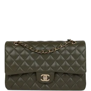 Chanel Medium Classic Double Flap Bag Olive Calfskin Light Gold Hardware