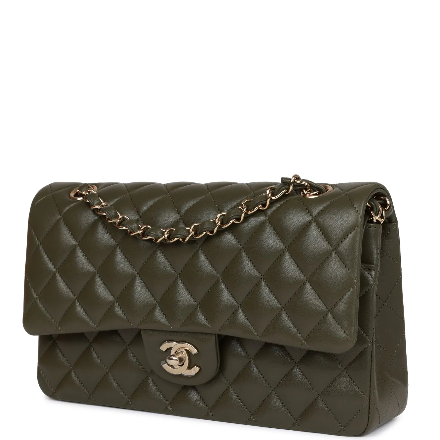 Chanel Medium Classic Double Flap Bag Olive Calfskin Light Gold Hardware