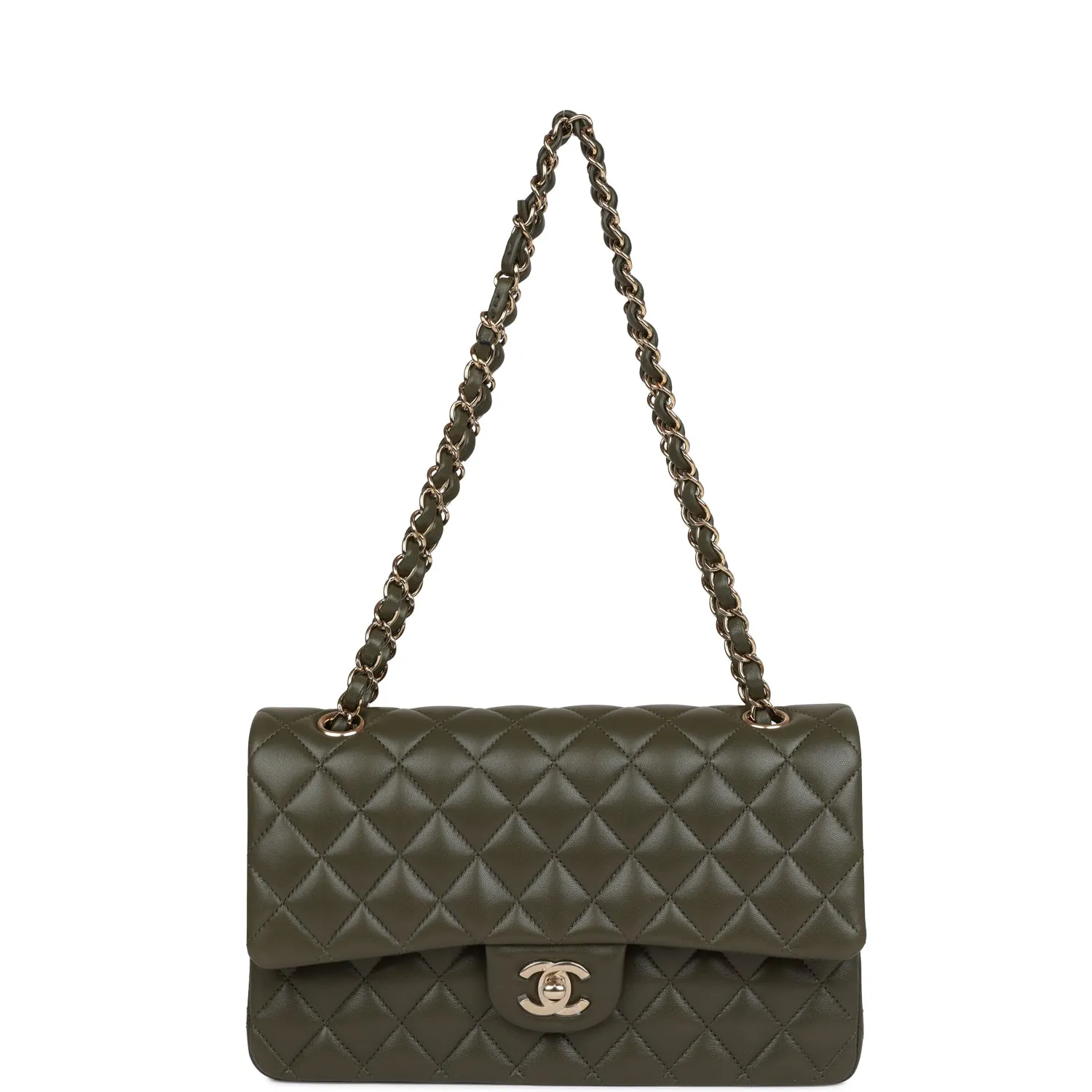 Chanel Medium Classic Double Flap Bag Olive Calfskin Light Gold Hardware