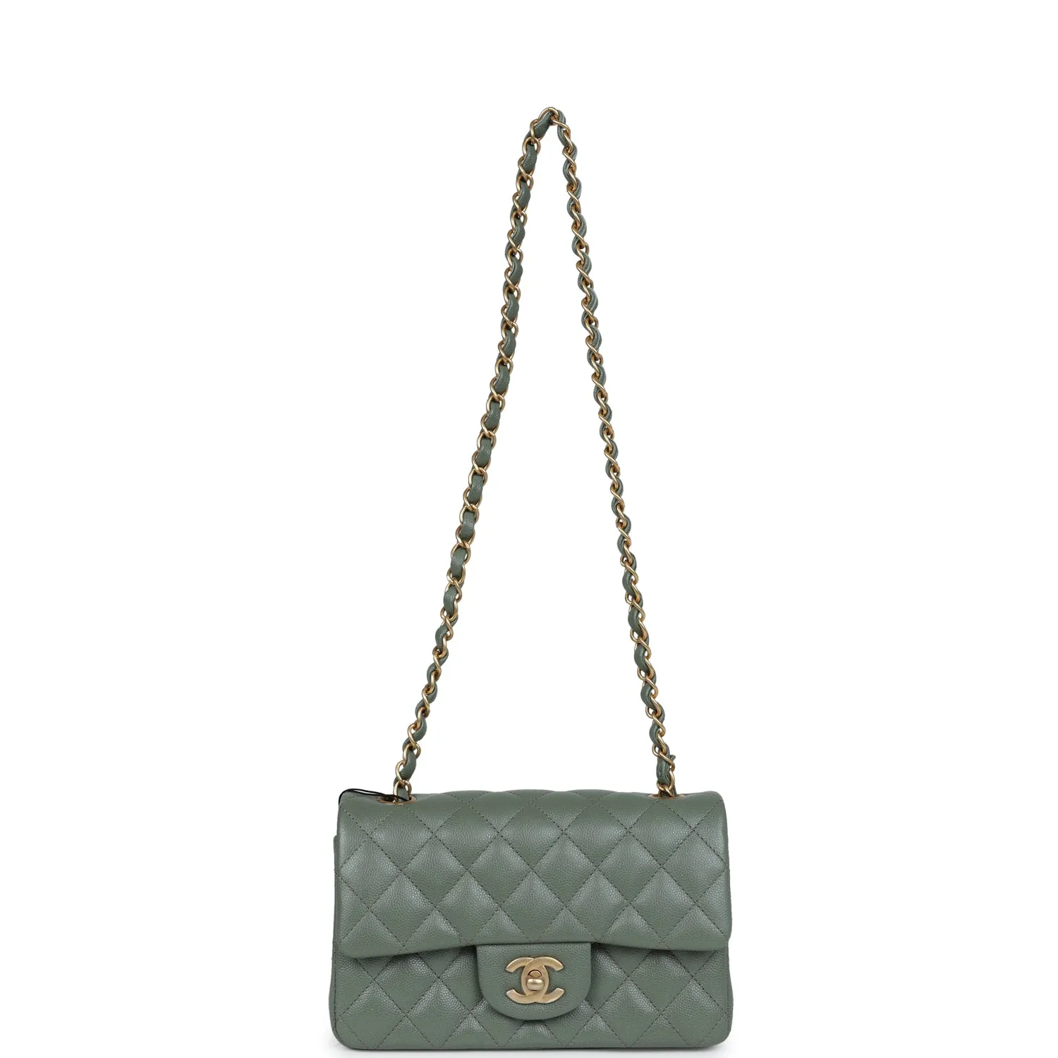 Chanel Mini Rectangular Flap Bag Olive Green Caviar Antique Gold Hardware