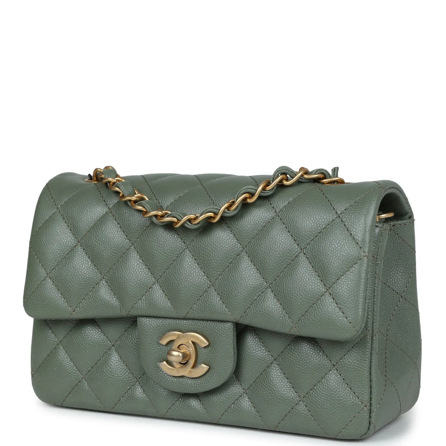 Chanel Mini Rectangular Flap Bag Olive Green Caviar Antique Gold Hardware