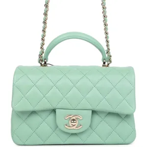 Chanel Mini Rectangular Top Handle Flap Bag Light Green Lambskin Light Gold Hardware