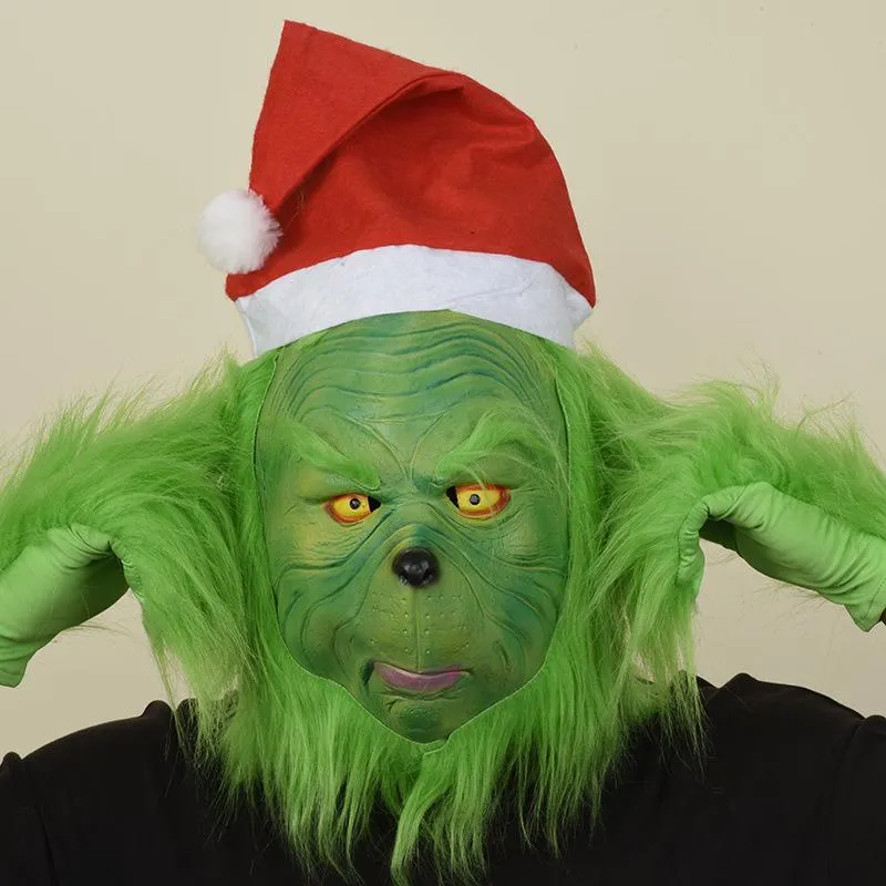 Christmas Grinch Mask Green Hair Monster Headgear