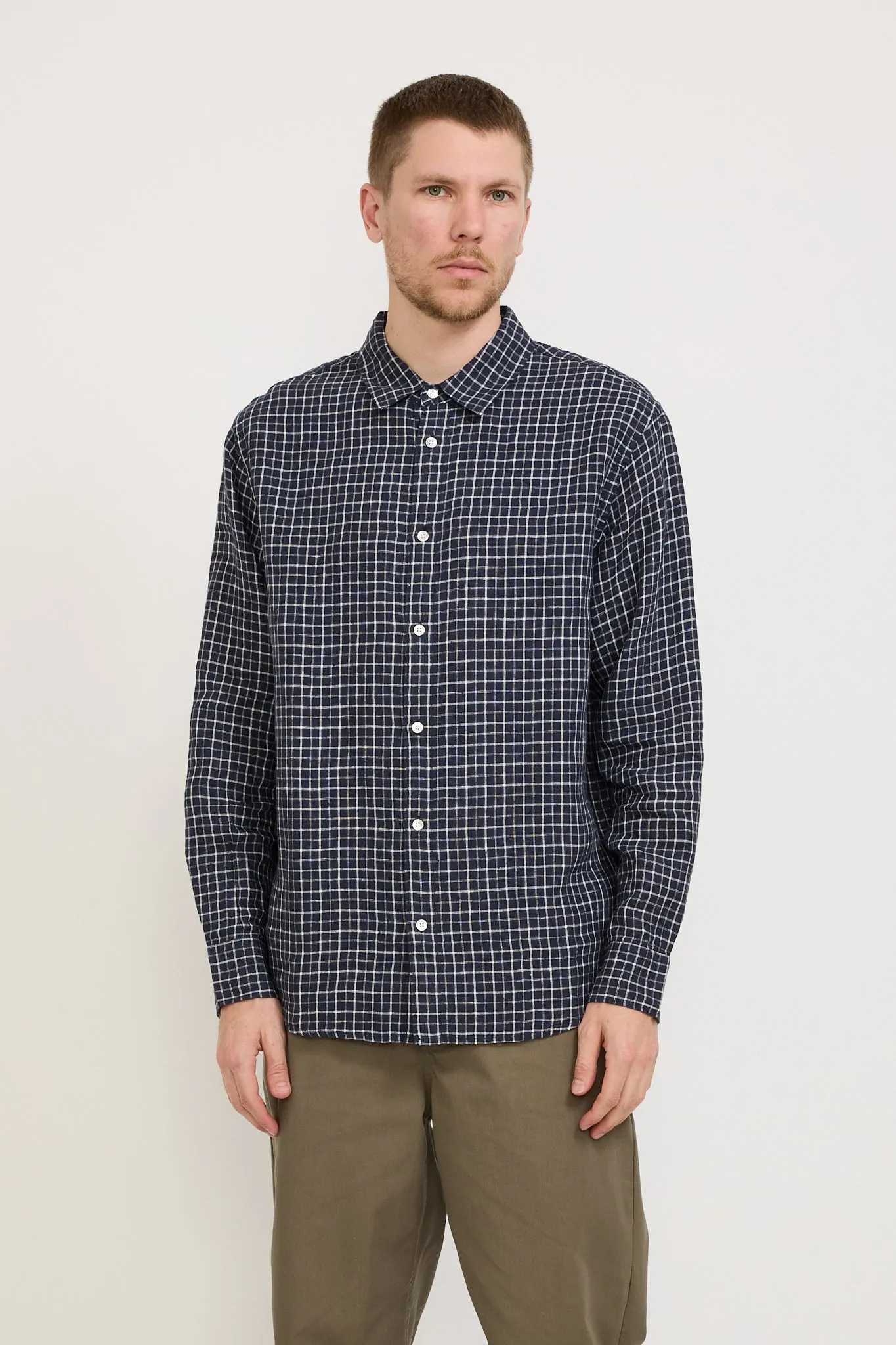 Eden Linen Check Long Sleeve Shirt Navy/White Check