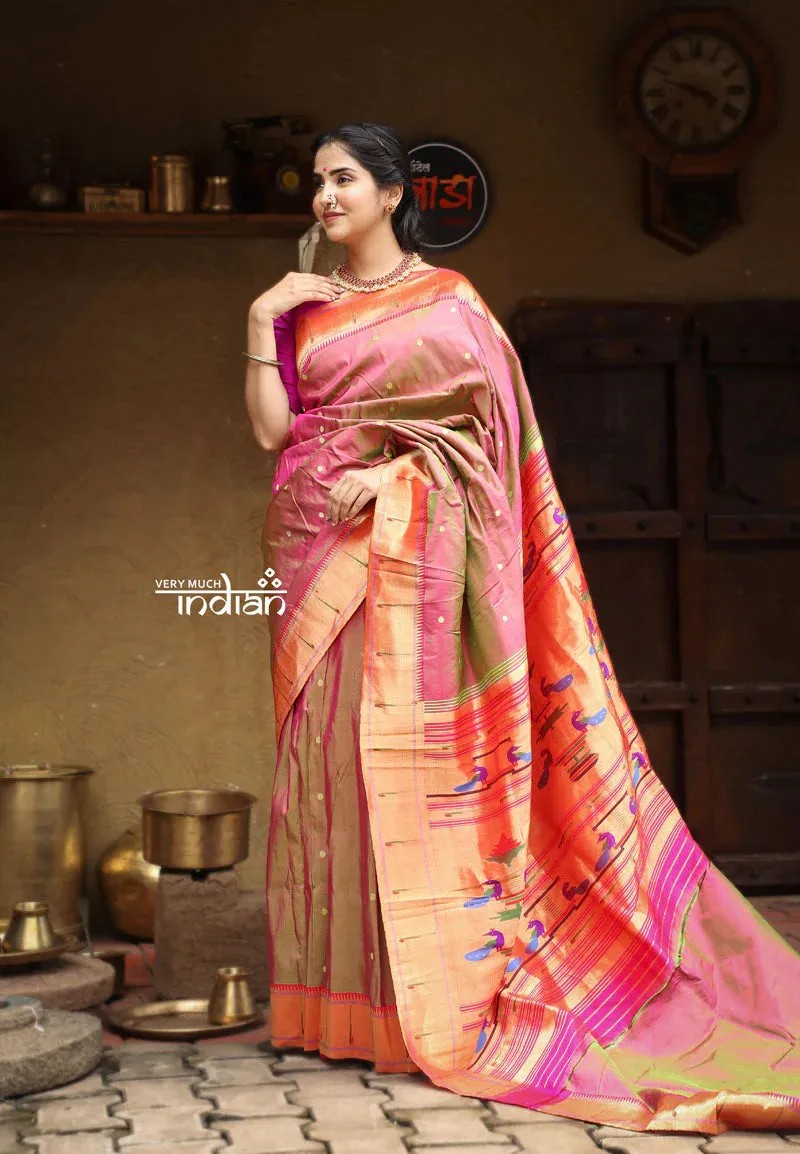 Exclusive - Authentic Handloom Pure Silk Muniya Border Paithani Dual Tone Beautiful Pink Green (High Quality Silk and Weaving)