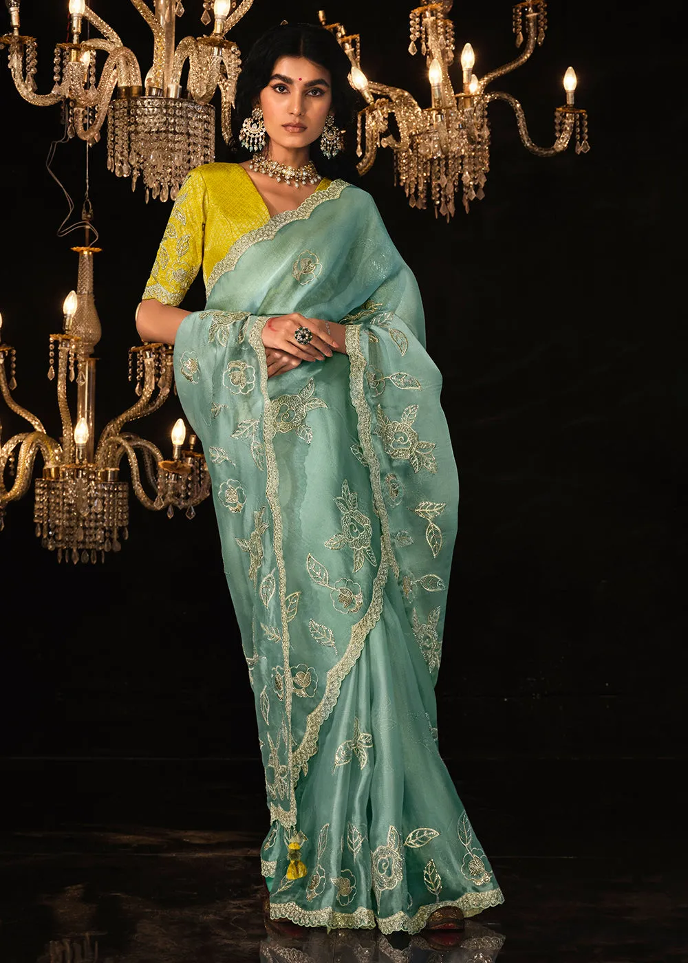 Fancy Powder Blue Embroidered Designer Wedding Wear Saree