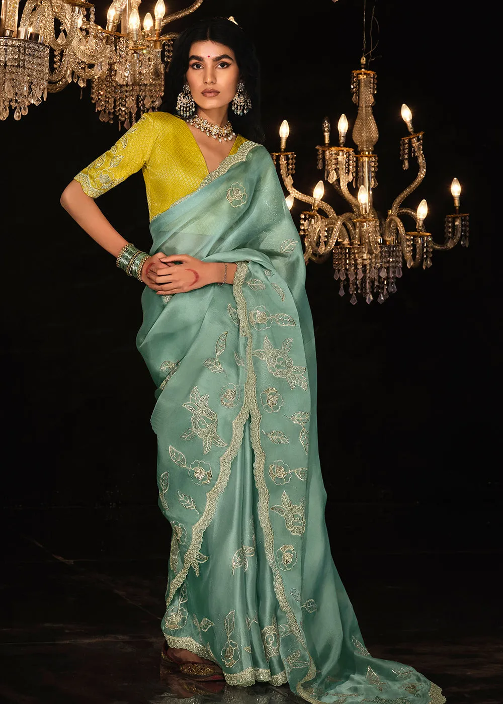 Fancy Powder Blue Embroidered Designer Wedding Wear Saree