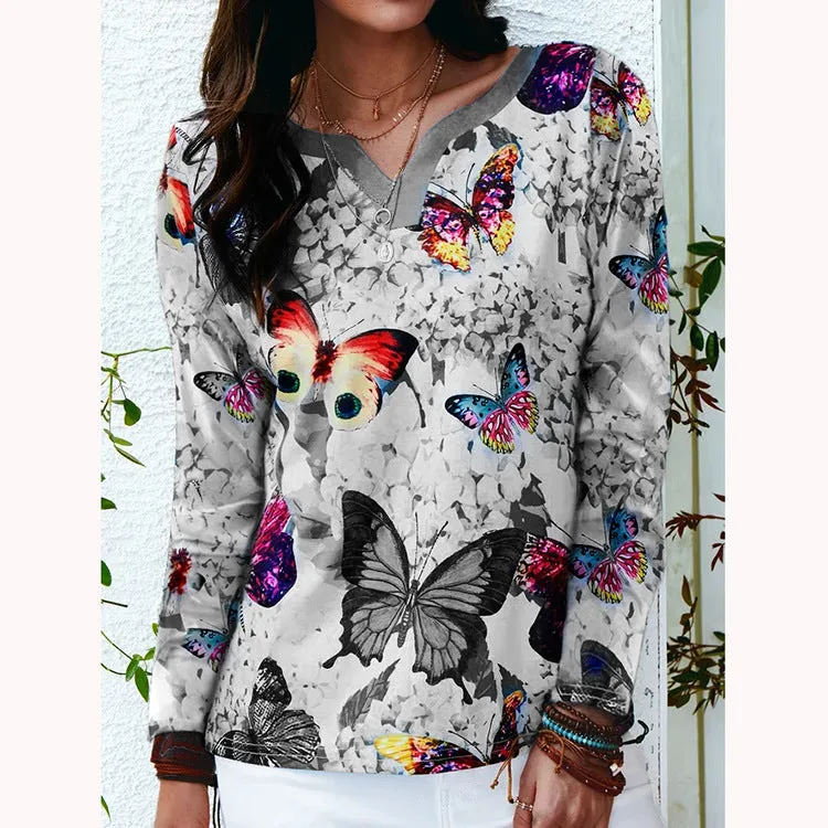 Fashion V-neck loose positioning butterfly long-sleeved T-shirt