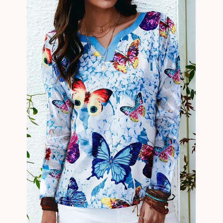 Fashion V-neck loose positioning butterfly long-sleeved T-shirt