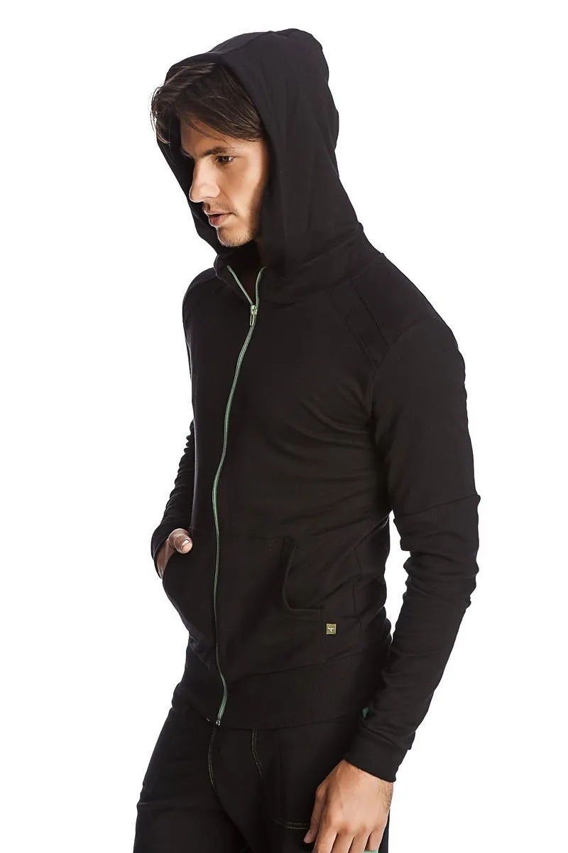 Form-fit Crossover Yoga Track Performance Hoodie (Black w/Green Zipper)