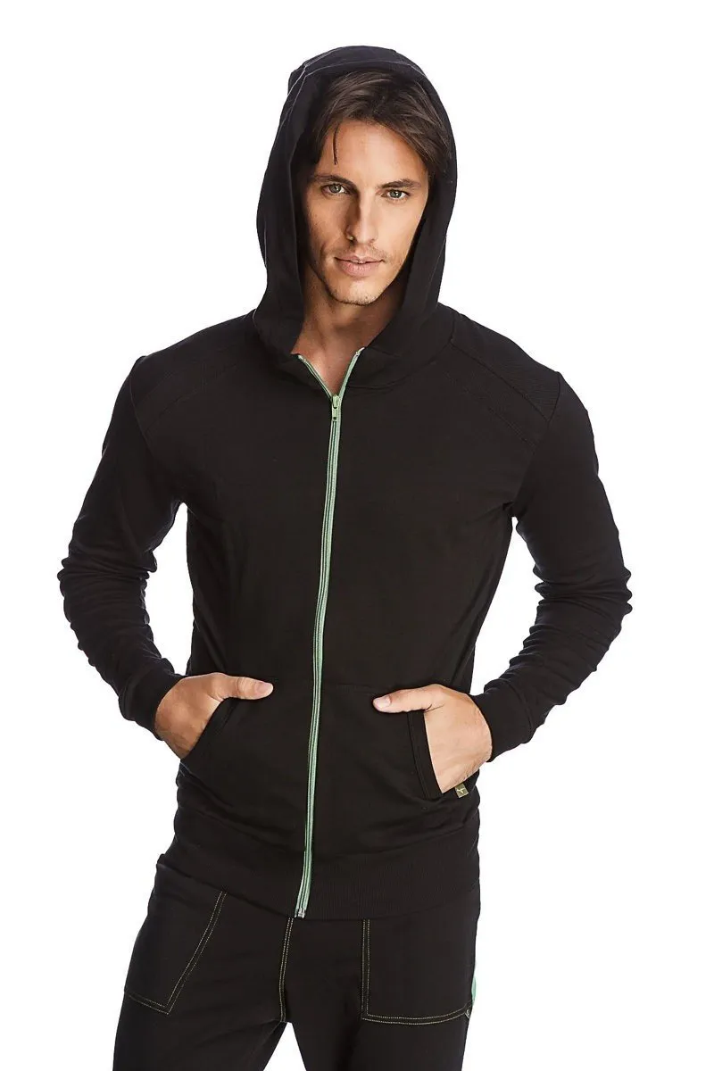 Form-fit Crossover Yoga Track Performance Hoodie (Black w/Green Zipper)