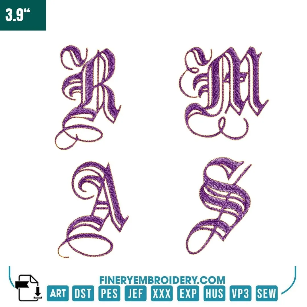 Gothic Script Alphabet Embroidery Pack – Complete A-Z Monogram Collection