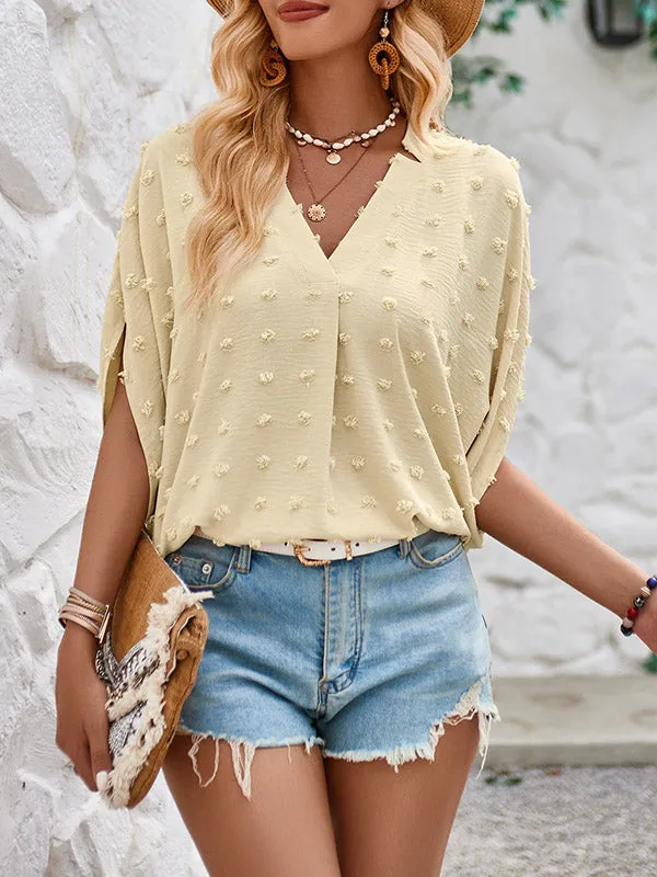 Half Sleeves Loose Jacquard Solid Color V-Neck T-Shirts Tops