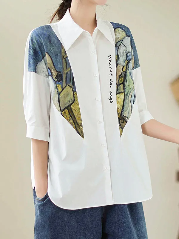 Half Sleeves Loose Printed Lapel Blouses&Shirts Tops