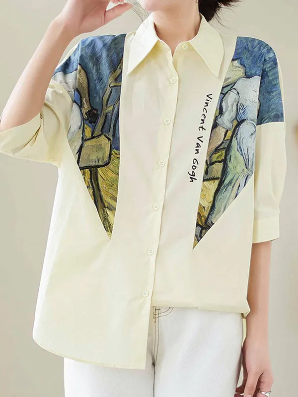 Half Sleeves Loose Printed Lapel Blouses&Shirts Tops