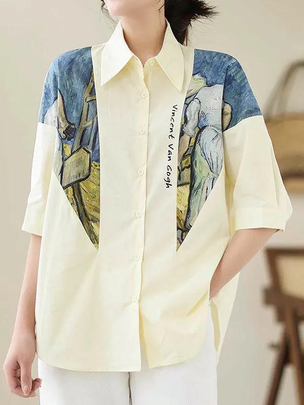 Half Sleeves Loose Printed Lapel Blouses&Shirts Tops