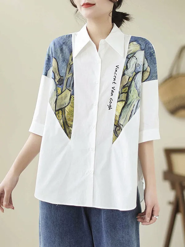 Half Sleeves Loose Printed Lapel Blouses&Shirts Tops