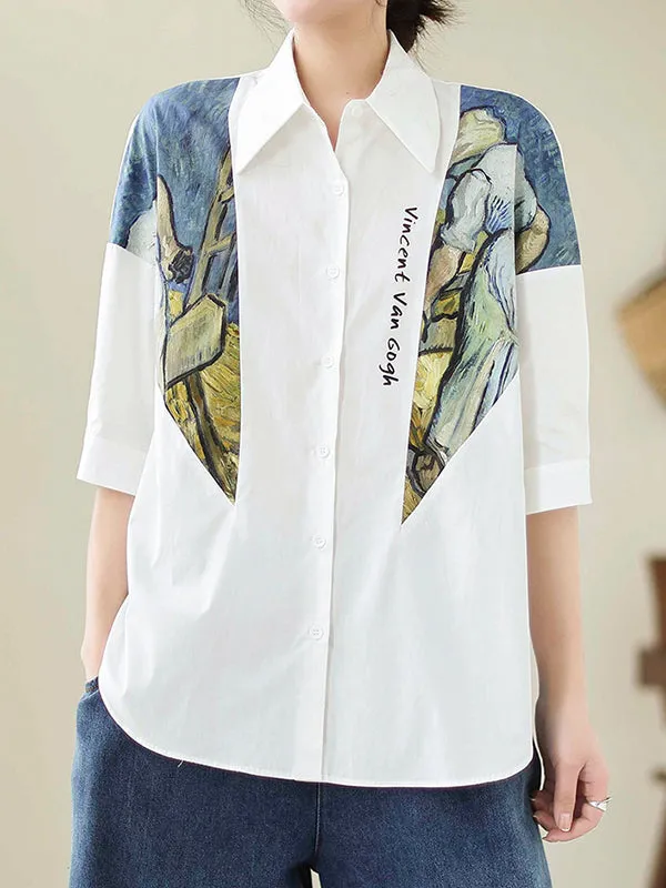 Half Sleeves Loose Printed Lapel Blouses&Shirts Tops