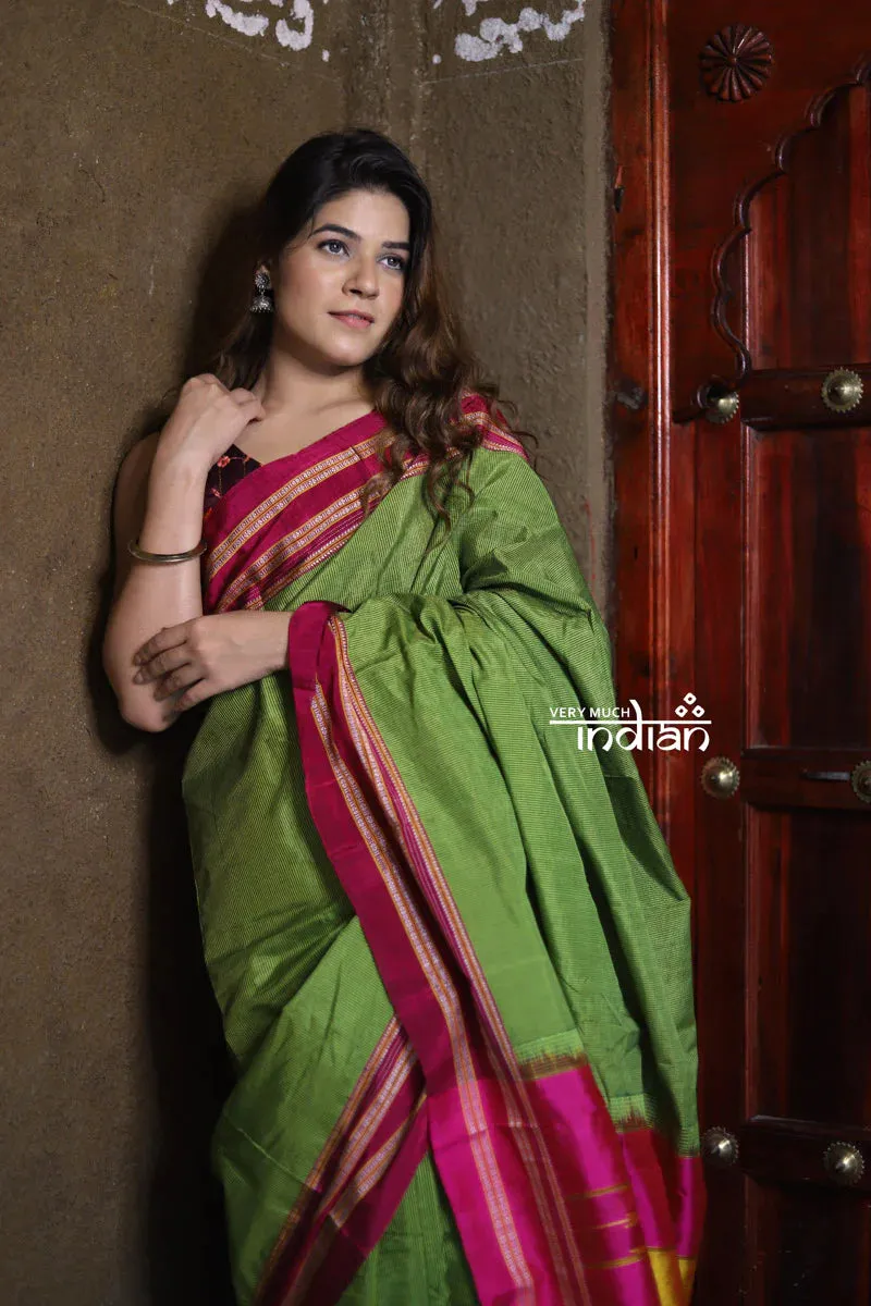 Handloom Cotton Silk Ilkal Saree with Pure Resham Pallu - Bright Green with Rose Pink Border