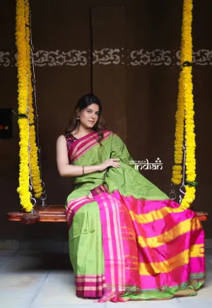 Handloom Cotton Silk Ilkal Saree with Pure Resham Pallu - Bright Green with Rose Pink Border