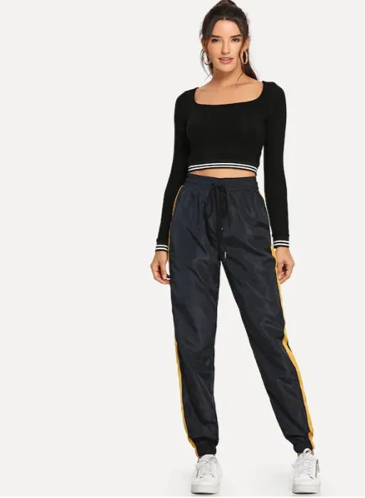 High Waisted Satin Side Striped Jogger Pants