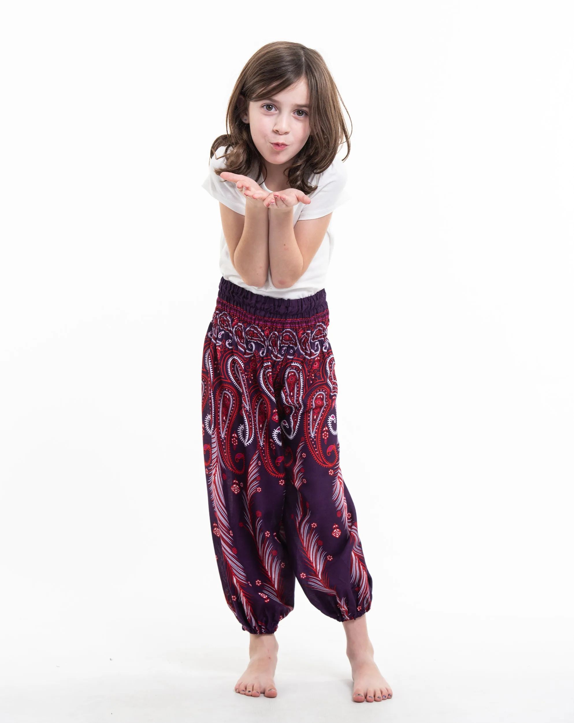 Kids Paisley Feathers Harem  Pants in Purple