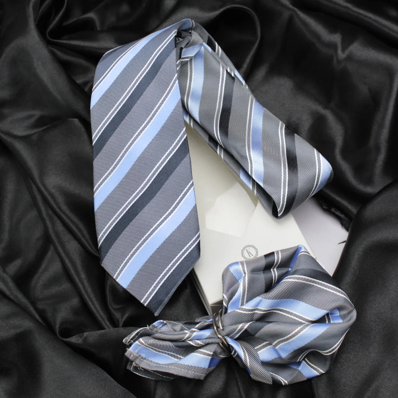 Kovove Gray Striped Necktie and Pocket Square Gift Box