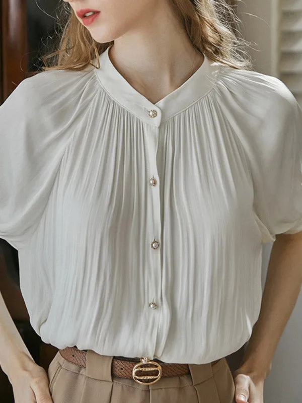 Loose Puff Sleeves Buttoned Pleated Round-Neck Blouses&Shirts Tops