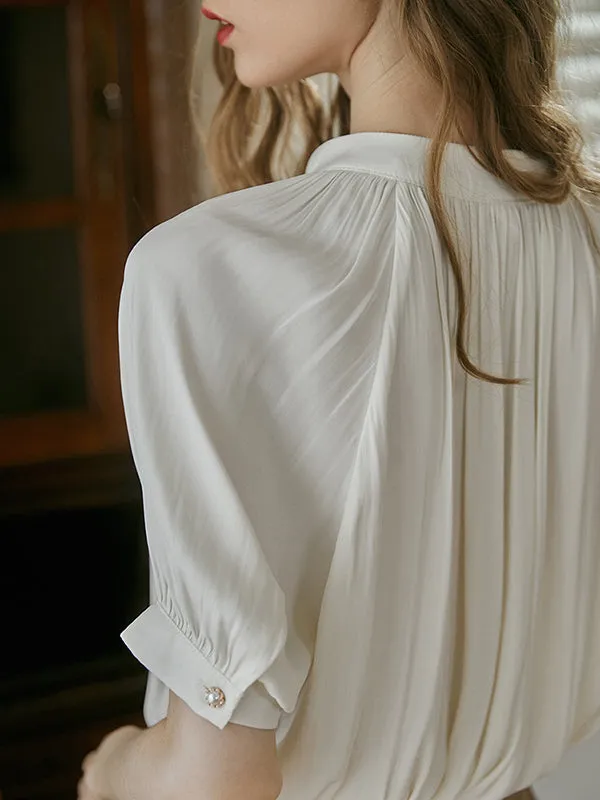 Loose Puff Sleeves Buttoned Pleated Round-Neck Blouses&Shirts Tops