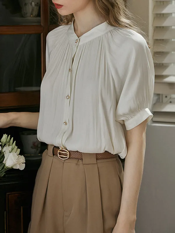 Loose Puff Sleeves Buttoned Pleated Round-Neck Blouses&Shirts Tops