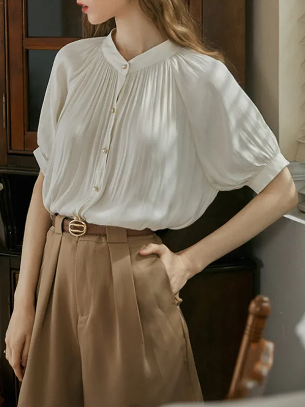 Loose Puff Sleeves Buttoned Pleated Round-Neck Blouses&Shirts Tops